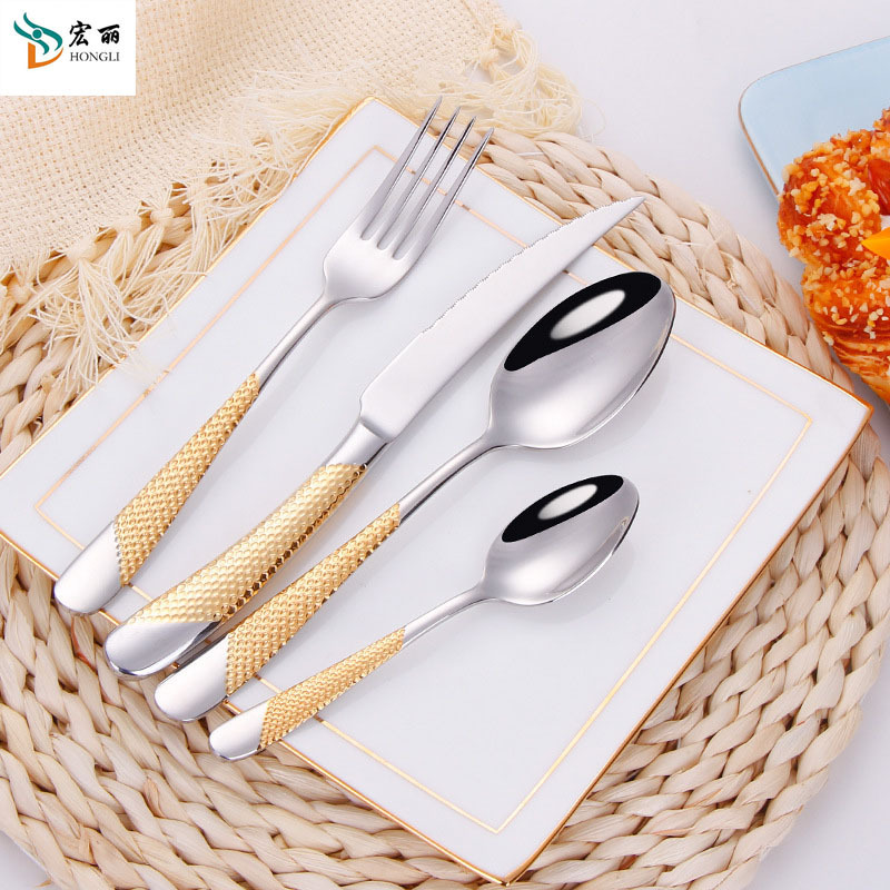 2024 Hot Selling Product 304 Stainless Steel Hammered Grain Handle Flatware Set Gold Silver Cutlery For Wedding