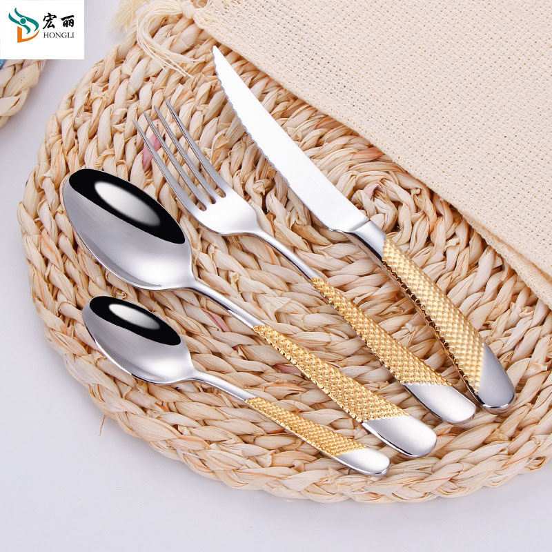 2024 Hot Selling Product 304 Stainless Steel Hammered Grain Handle Flatware Set Gold Silver Cutlery For Wedding