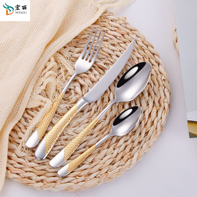 2024 Hot Selling Product 304 Stainless Steel Hammered Grain Handle Flatware Set Gold Silver Cutlery For Wedding