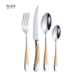 2024 Hot Selling Product 304 Stainless Steel Hammered Grain Handle Flatware Set Gold Silver Cutlery For Wedding