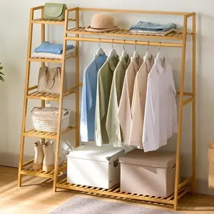 110x40x140cm Bamboo Wardrobe Clothes Rack Heavy Duty Garment Racks for Hanging Clothes, Freestanding Clothing Rack Closet