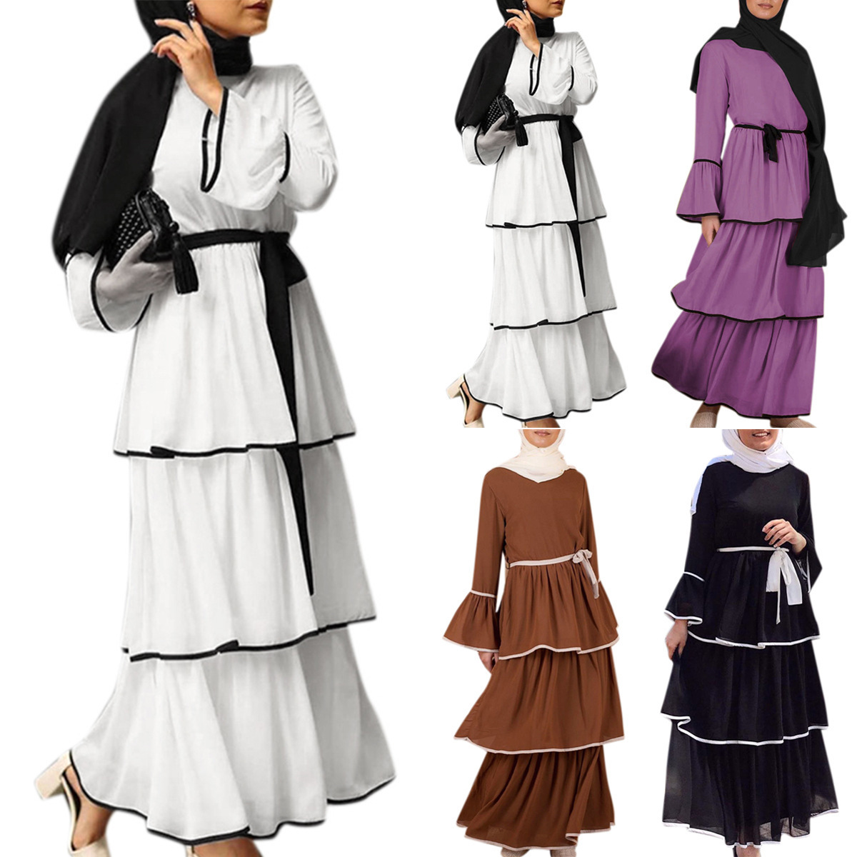 Solid Color Layered Dresses Woman Dress Muslim Middle Eastern Turkish Long Skirt Dresses Abaya Clothes Ladies Long Sleeve Adults