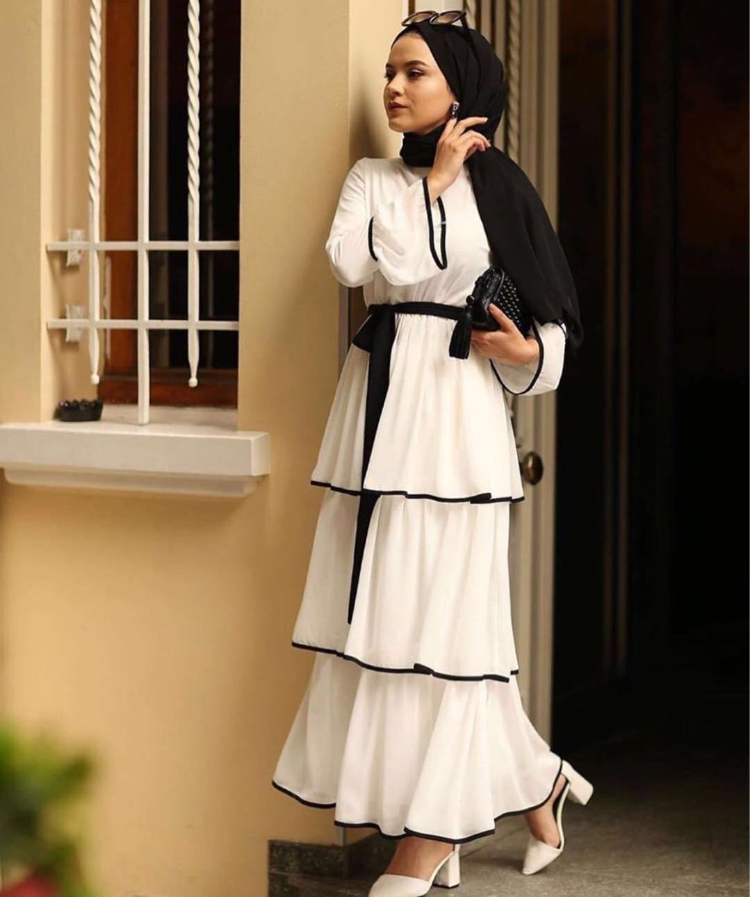 Solid Color Layered Dresses Woman Dress Muslim Middle Eastern Turkish Long Skirt Dresses Abaya Clothes Ladies Long Sleeve Adults