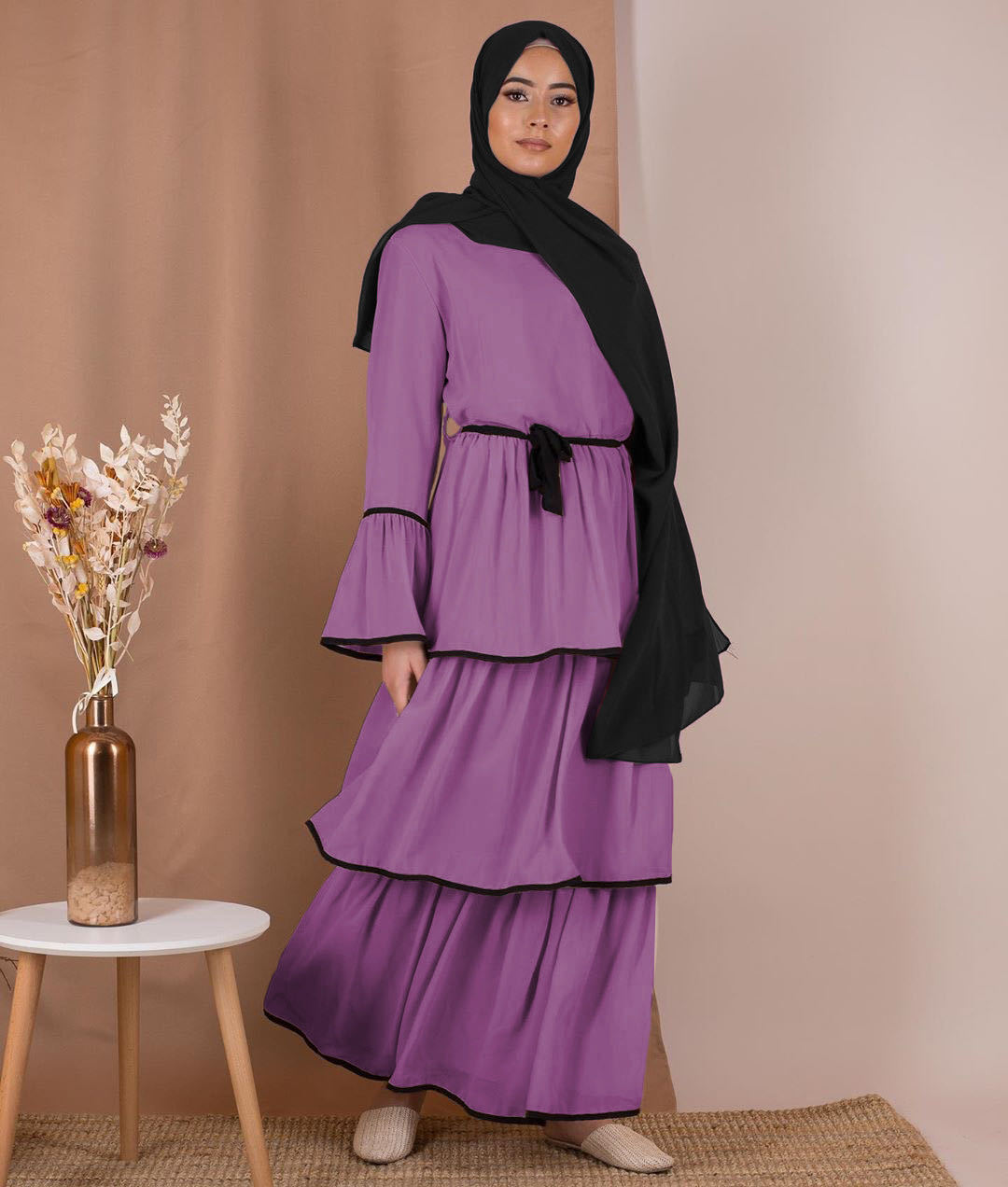 Solid Color Layered Dresses Woman Dress Muslim Middle Eastern Turkish Long Skirt Dresses Abaya Clothes Ladies Long Sleeve Adults