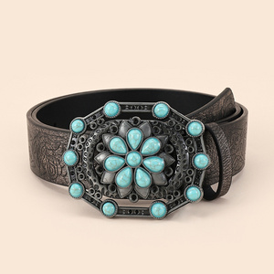 2024 New Style Popular Western Denim Green Turquoise Alloy Buckle Carved Design Men And Women Belts