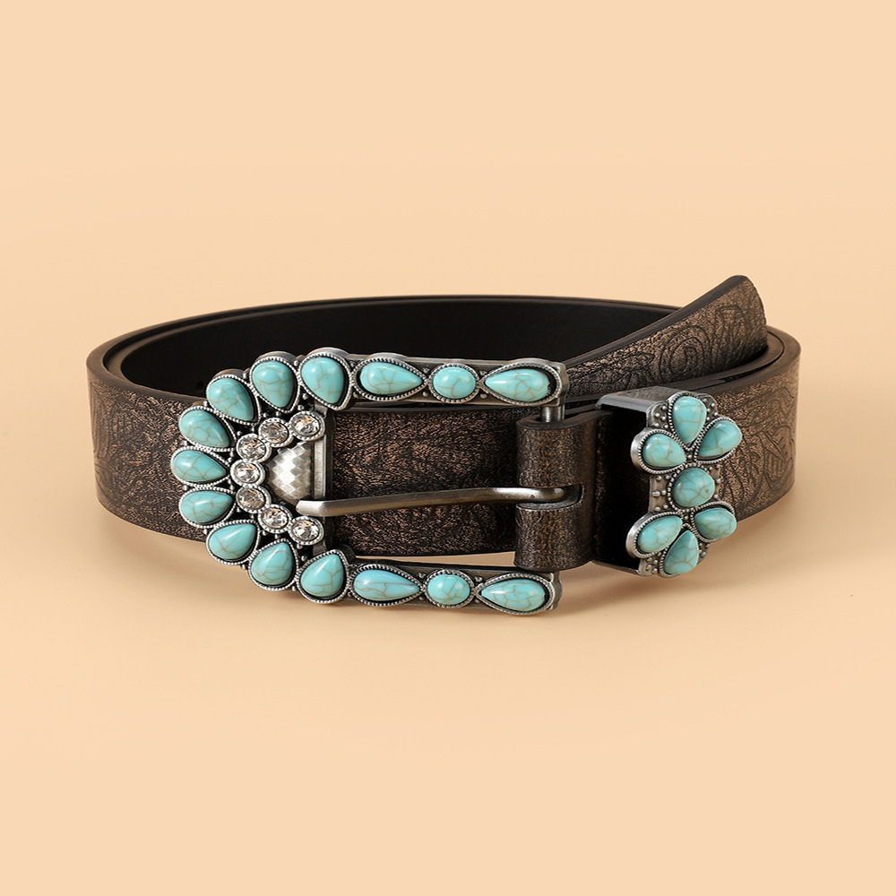 New Style 2024 Bohemian Imitation Leather Punk Double Buckle Green Turquoise Belt