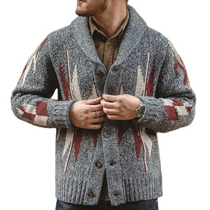 Retro Vintage Dark Gray Aztec Geometric Jacquard Shawl-Collar Long Sleeve Knitted Winter Sweater Cardigan Men