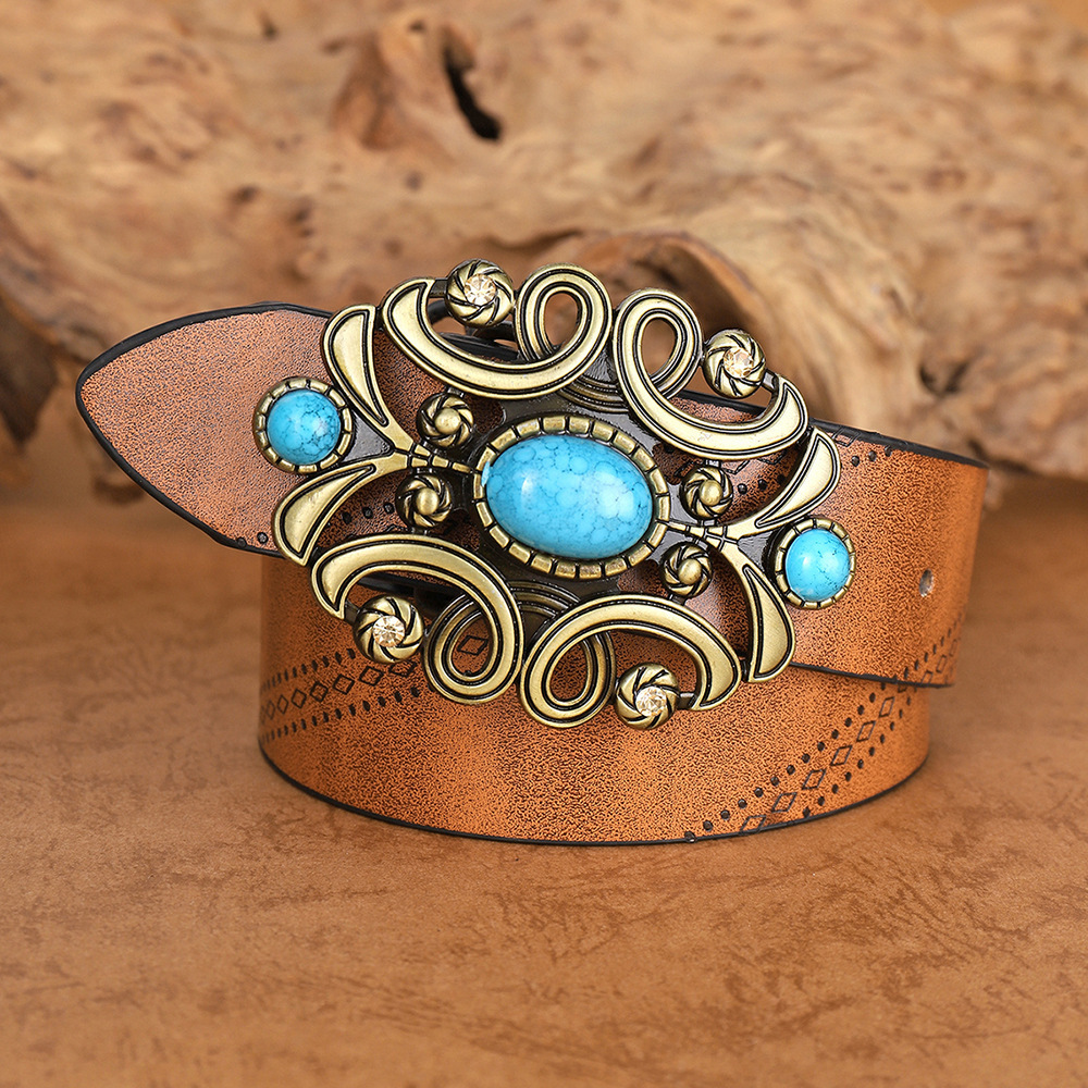 New Style 2024 Bohemian Imitation Leather Punk Double Buckle Green Turquoise Belt