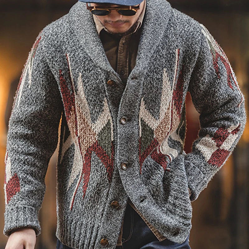 Retro Vintage Dark Gray Aztec Geometric Jacquard Shawl-Collar Long Sleeve Knitted Winter Sweater Cardigan Men