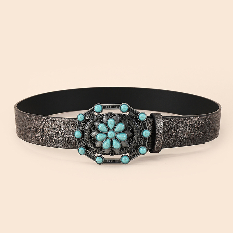 2024 New Style Popular Western Denim Green Turquoise Alloy Buckle Carved Design Men And Women Belts