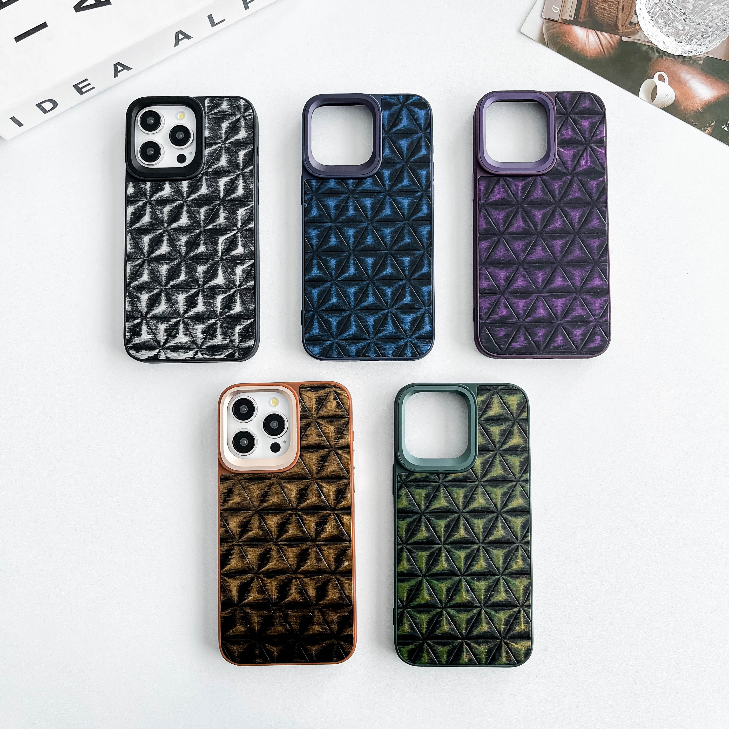 For iPhone 11 12 13 14 15 pro max back cover TPU PC Vintage Triangle Pattern mobile case