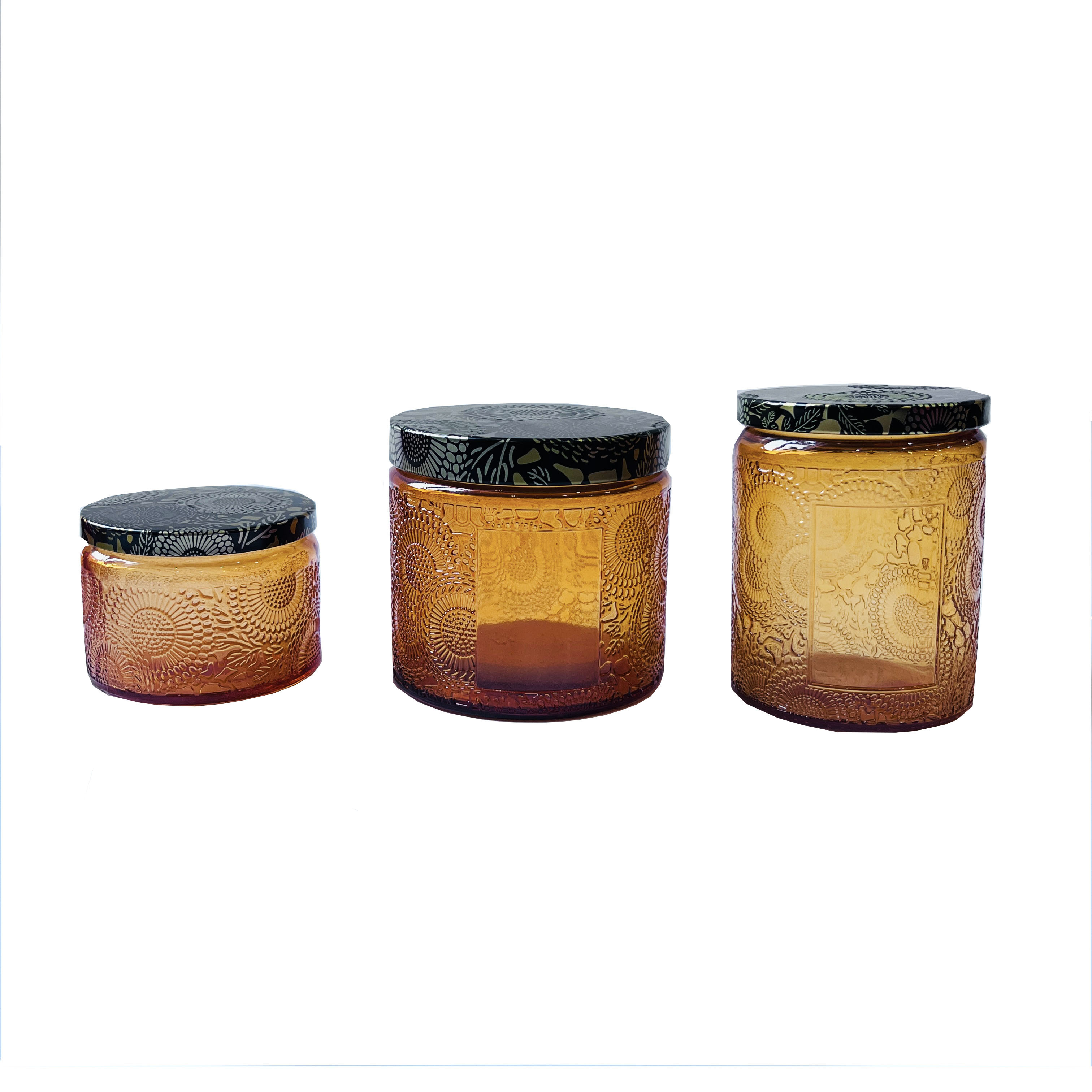 Small embossed glass candle jars for candle making with metal lids glass candle holder