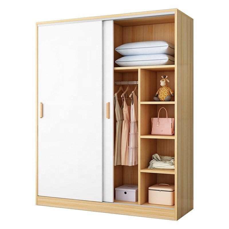 Sliding door wardrobe modern simple solid wood rental home bedroom simple cabinet hanging wardrobe