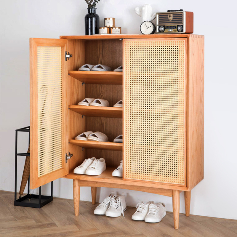 Modern solid wood shoe cabinet household living room door cabinet apartment simple large capacity rattan woven shoe rack lockers