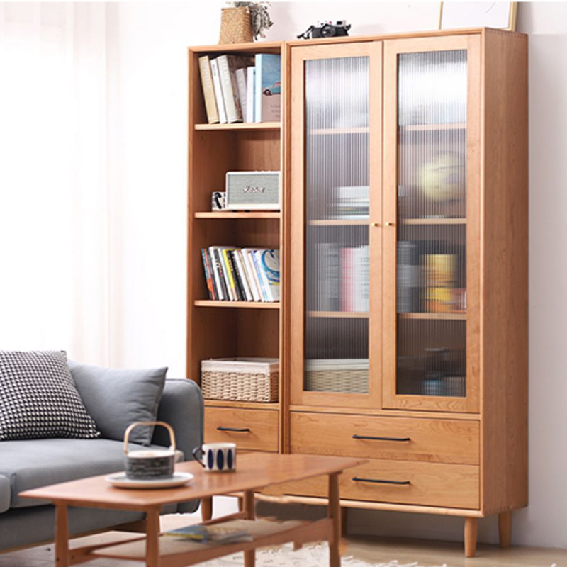 Nordic solid wood bookcase with door glass bookcase floor-to-ceiling storage cabinet Cherry Japanese log simple shoe cabinet