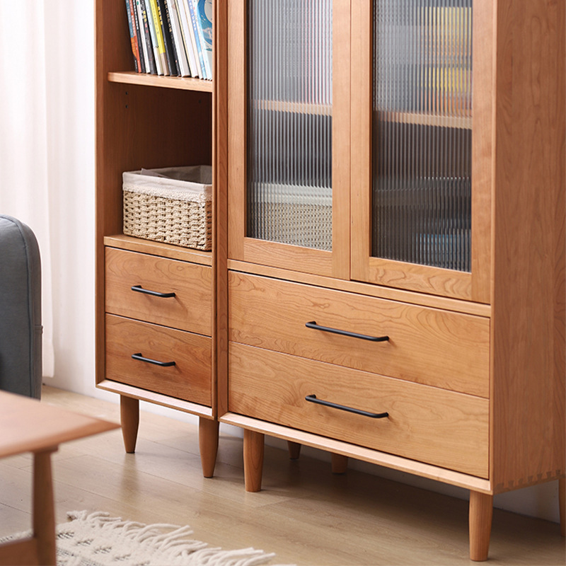 Nordic solid wood bookcase with door glass bookcase floor-to-ceiling storage cabinet Cherry Japanese log simple shoe cabinet