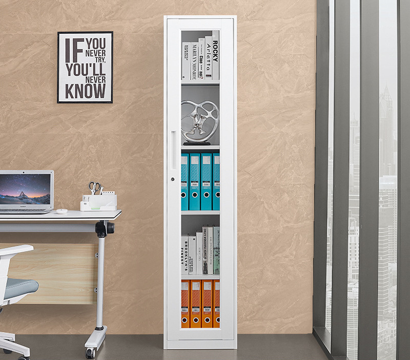 Office File Cabinet 40cm Mono-Gate Book Case Gap Storage Cabinet Pure White Glass Door with Lock Steel Narrow Bookcase