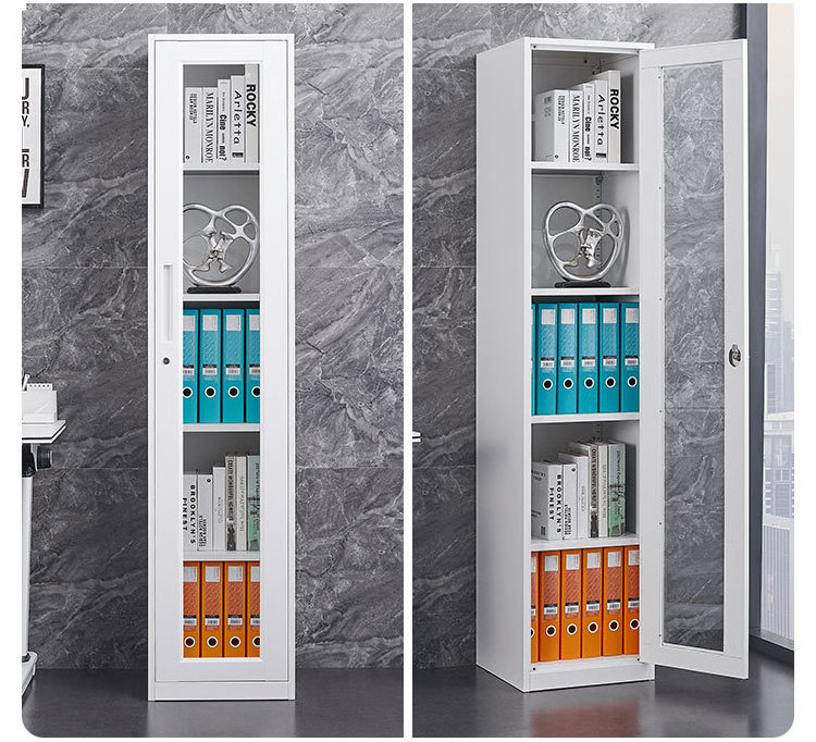 Office File Cabinet 40cm Mono-Gate Book Case Gap Storage Cabinet Pure White Glass Door with Lock Steel Narrow Bookcase