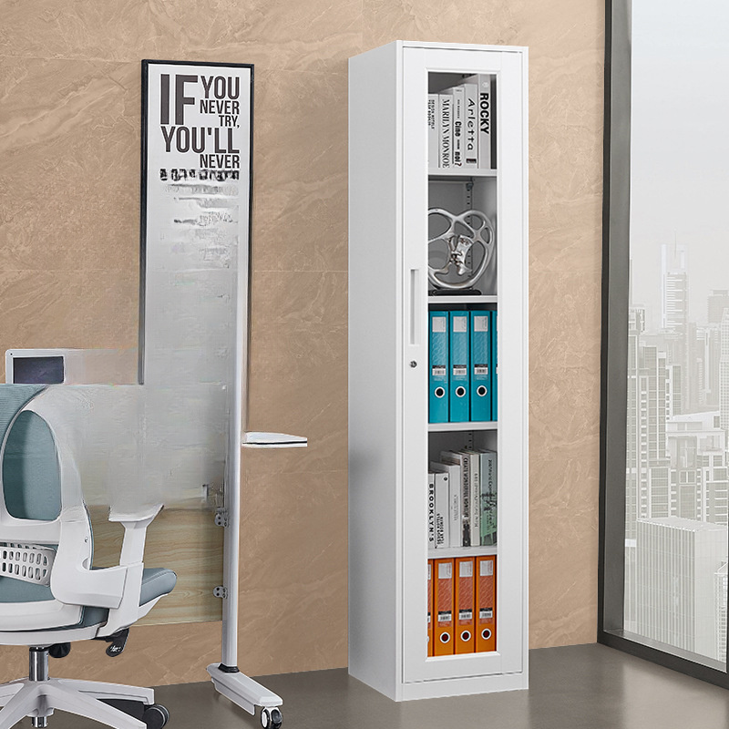 Office File Cabinet 40cm Mono-Gate Book Case Gap Storage Cabinet Pure White Glass Door with Lock Steel Narrow Bookcase