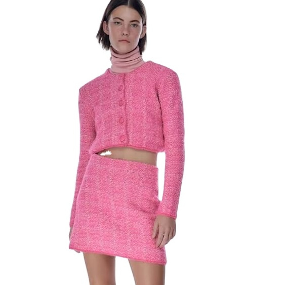 Wholesale Winter Christmas Pink Color Knitted Single Button Cardigan And Mini Skirt Women 2 Pieces Set