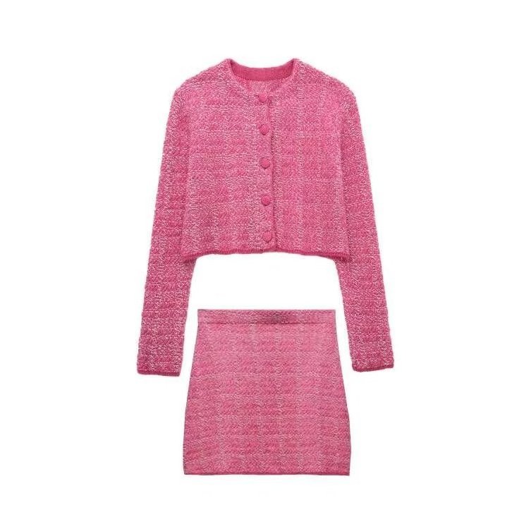 Wholesale Winter Christmas Pink Color Knitted Single Button Cardigan And Mini Skirt Women 2 Pieces Set