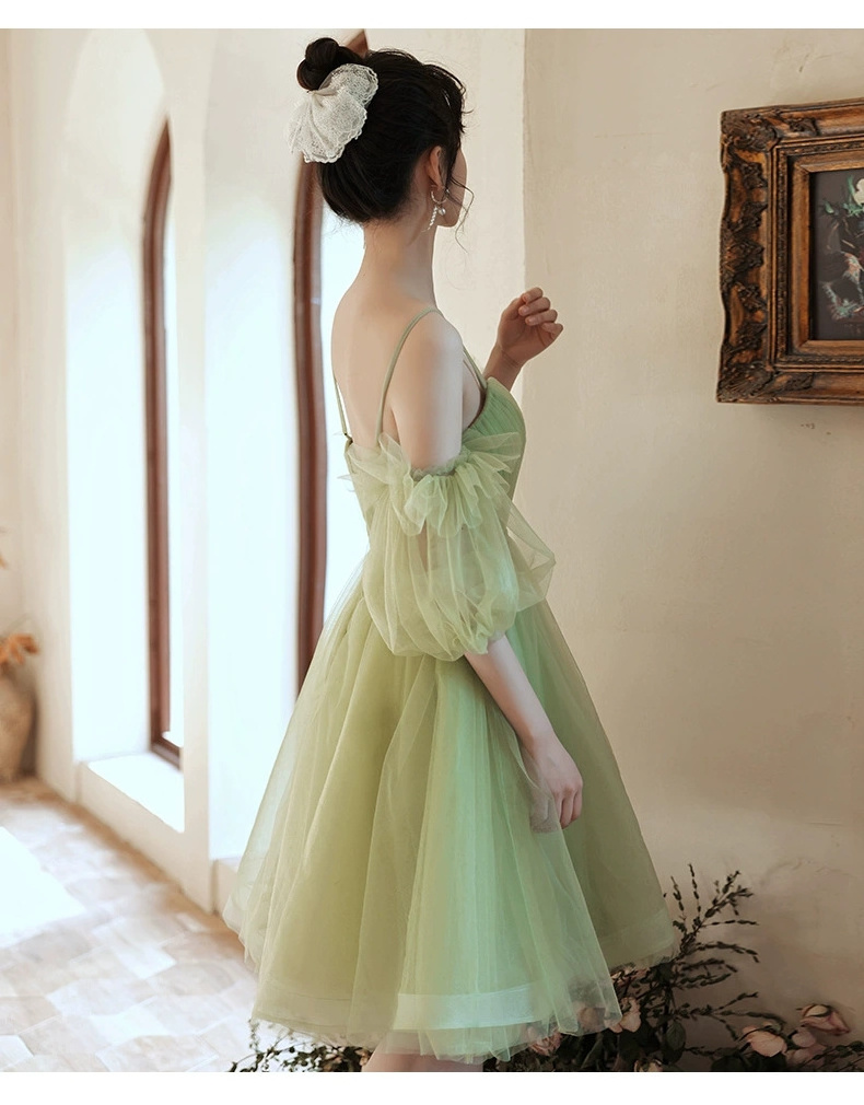 2024 New Design Elegant Tutu V Neck Puff Short Sleeve High Waist Evening Teenager Women Tulle Dress