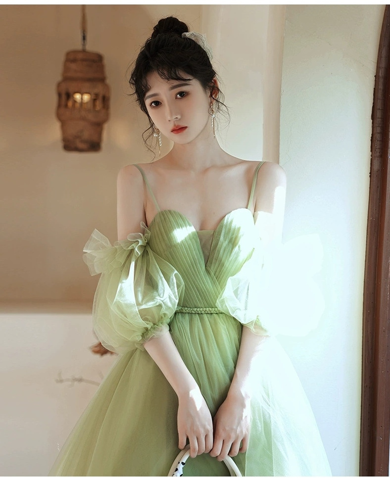 2024 New Design Elegant Tutu V Neck Puff Short Sleeve High Waist Evening Teenager Women Tulle Dress