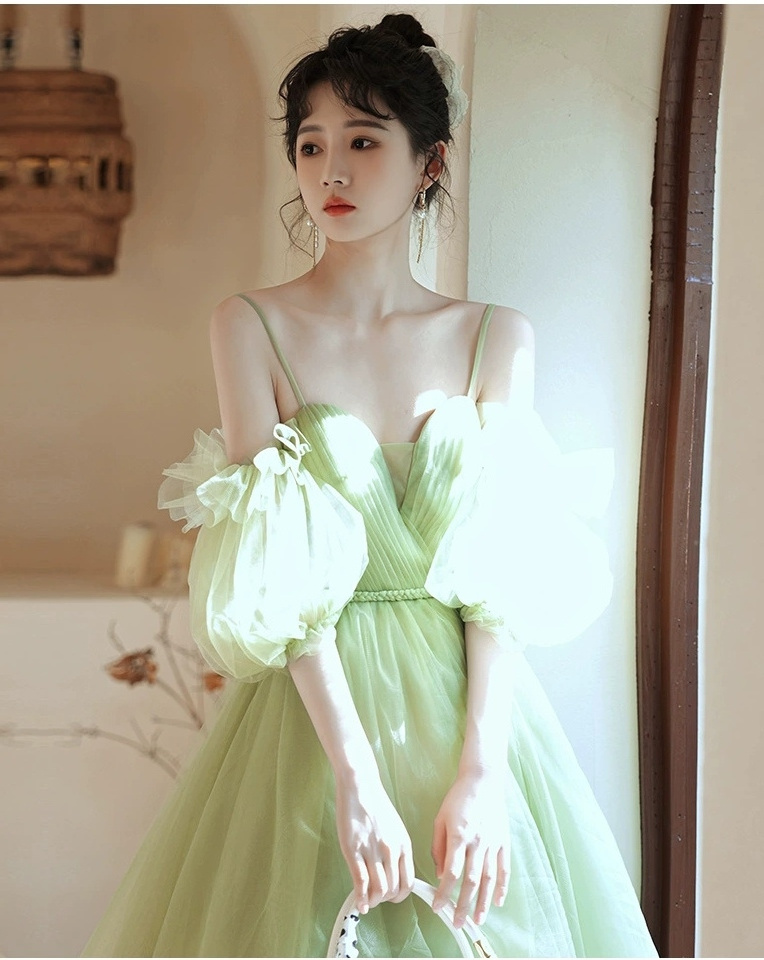 2024 New Design Elegant Tutu V Neck Puff Short Sleeve High Waist Evening Teenager Women Tulle Dress