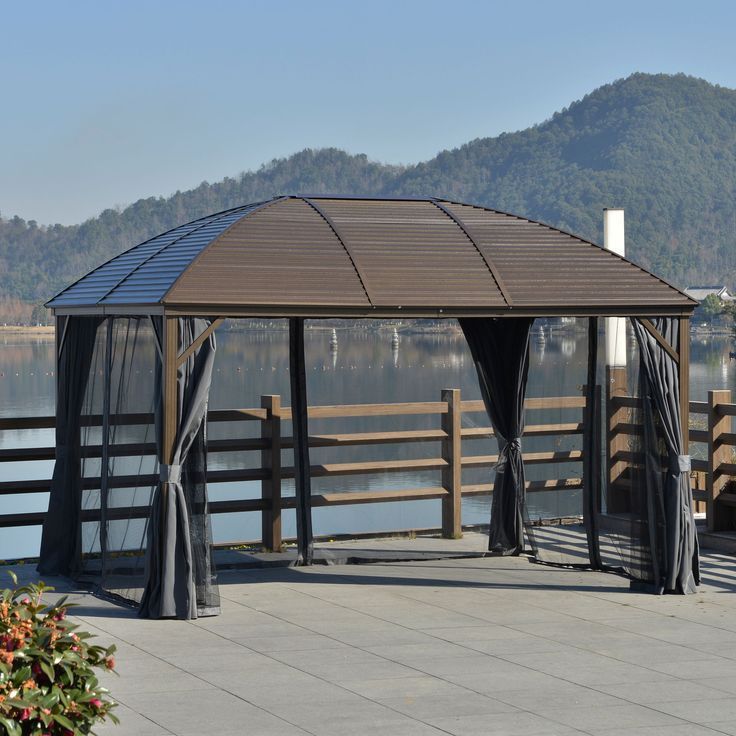 Permanent Pavilion Gazebo Outdoor Hardtop Canopy with Curtain and Netting for Backyard Patio Lawn Garden