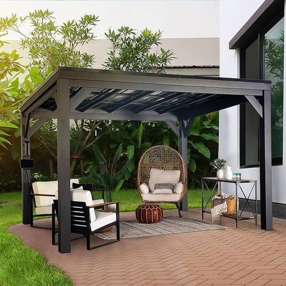 Permanent Pavilion Gazebo Outdoor Hardtop Canopy with Curtain and Netting for Backyard Patio Lawn Garden