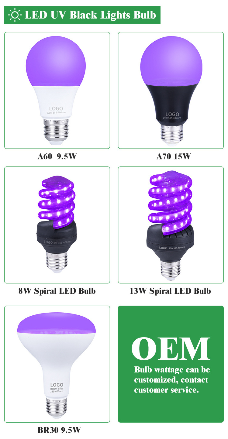 Light Bulb A60 Blacklight UV Lamp Bulb for Body Paint Fluorescent Decoration Light 365nm 410nm LED UV Black PURPLE 80 UVA 20000