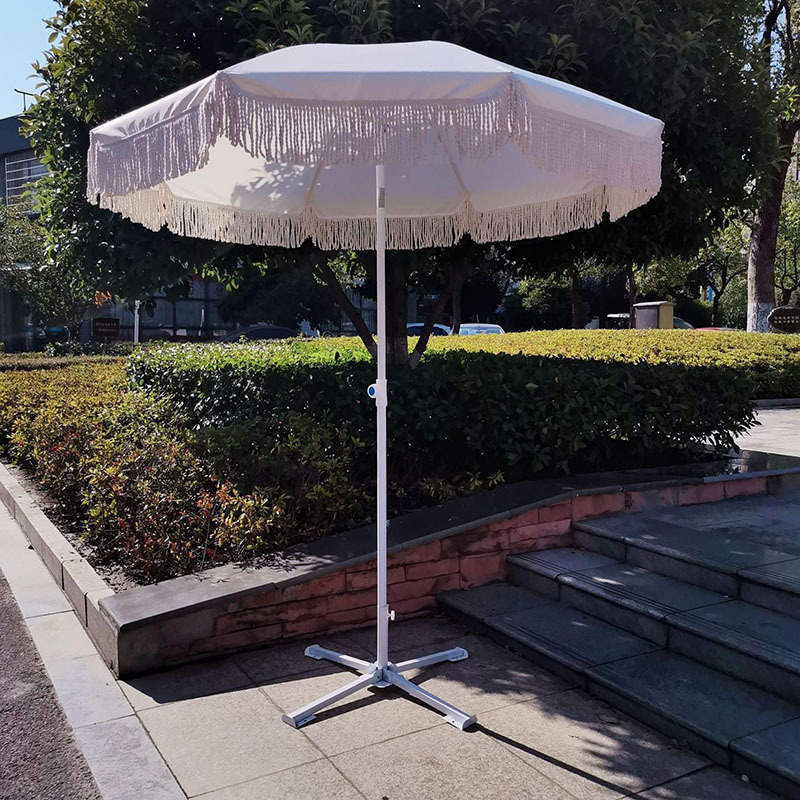 2M Luxury Outdoor Garden Beach Sun Parasol Canopy White Vintage Fringe Beach Umbrella With Tassels