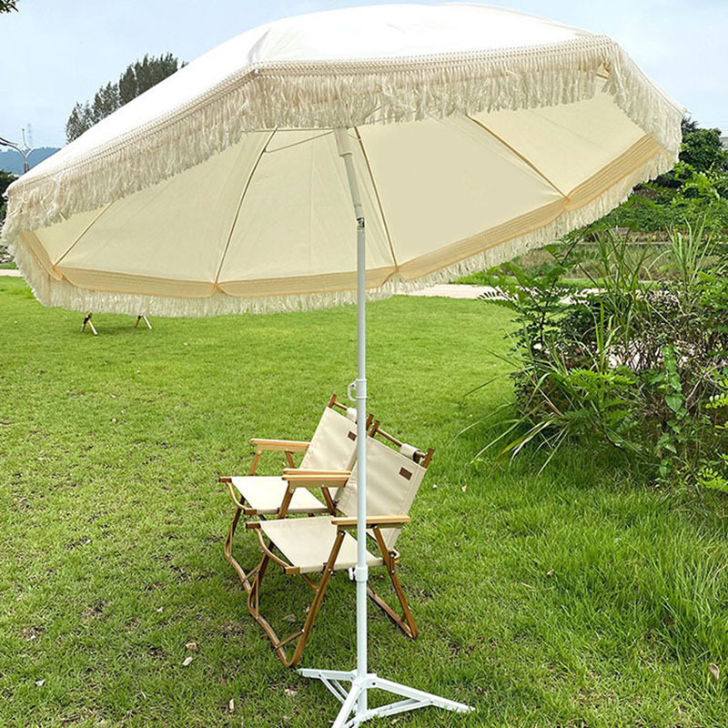 2M Luxury Outdoor Garden Beach Sun Parasol Canopy White Vintage Fringe Beach Umbrella With Tassels