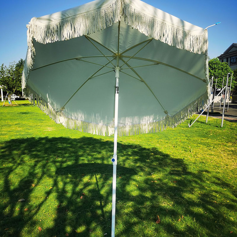 2M Luxury Outdoor Garden Beach Sun Parasol Canopy White Vintage Fringe Beach Umbrella With Tassels