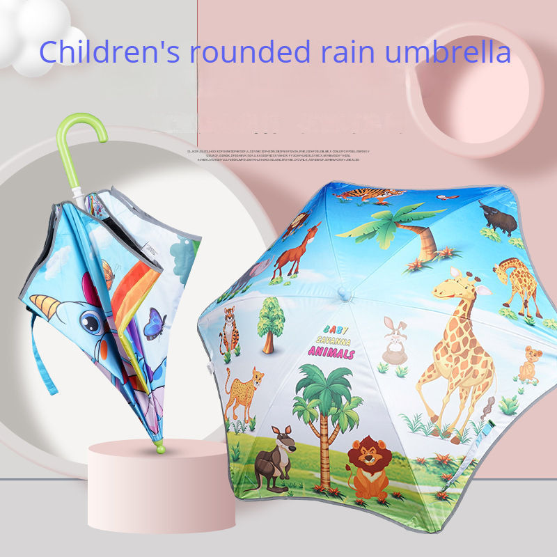 Round Corner Cartoon Children's Sunny And Rain Umbrella Safety Long Handle Children's Umbrella