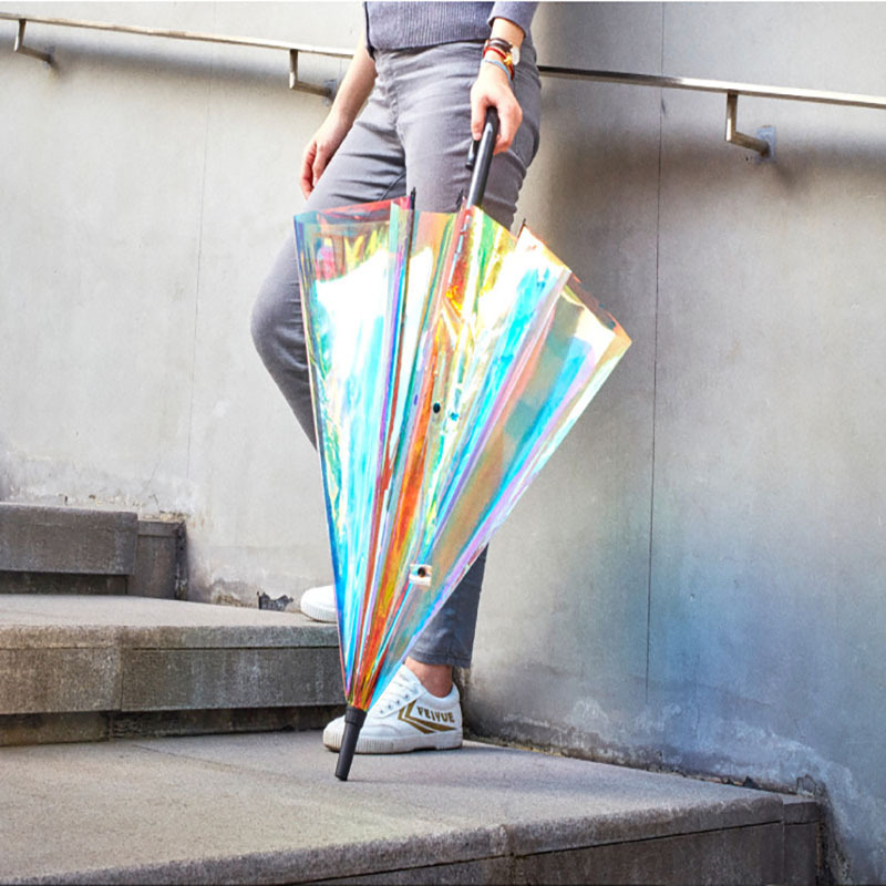 New Colorful Transparent Umbrella Thickened Laser Holographic Umbrella Colorful Iris Customizable Automatic Long Handle Umbrella