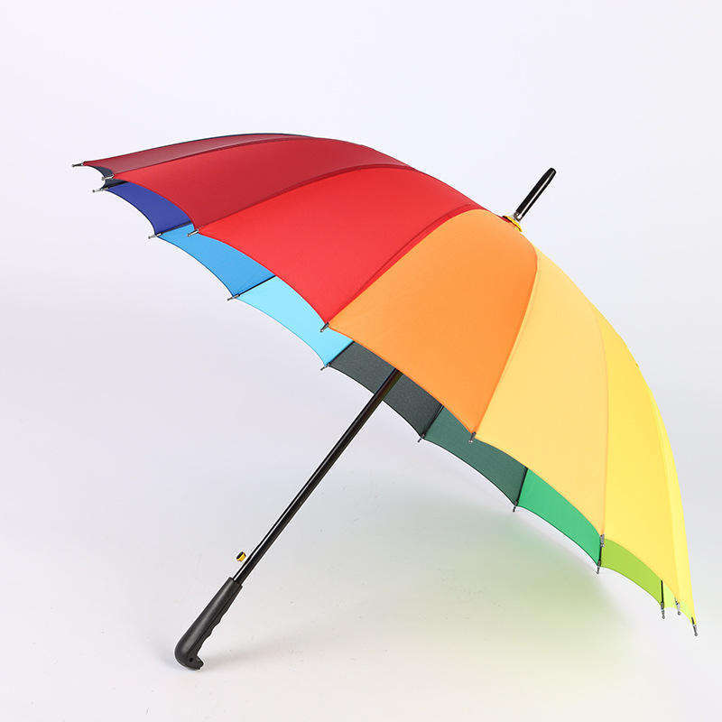 Windproof Black Plastic Duck Beak Handle Women's Fashion Color Outdoor Umbrella 16k Long Handle Rainbow Straight Umbrella