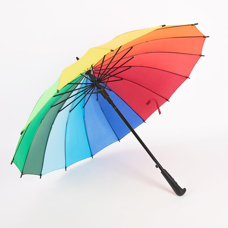 Windproof Black Plastic Duck Beak Handle Women's Fashion Color Outdoor Umbrella 16k Long Handle Rainbow Straight Umbrella