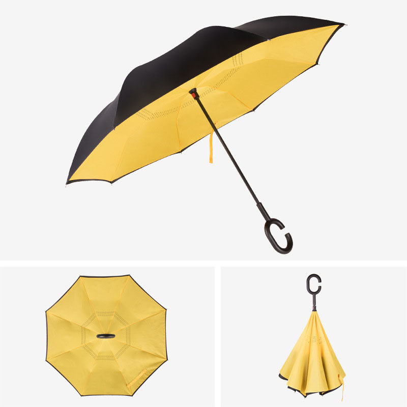 23 Inch Custom Logo Printing Double Layer Inverted Reverse Straight Umbrella With C Shape Handle Windproof