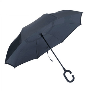 23 Inch Custom Logo Printing Double Layer Inverted Reverse Straight Umbrella With C Shape Handle Windproof