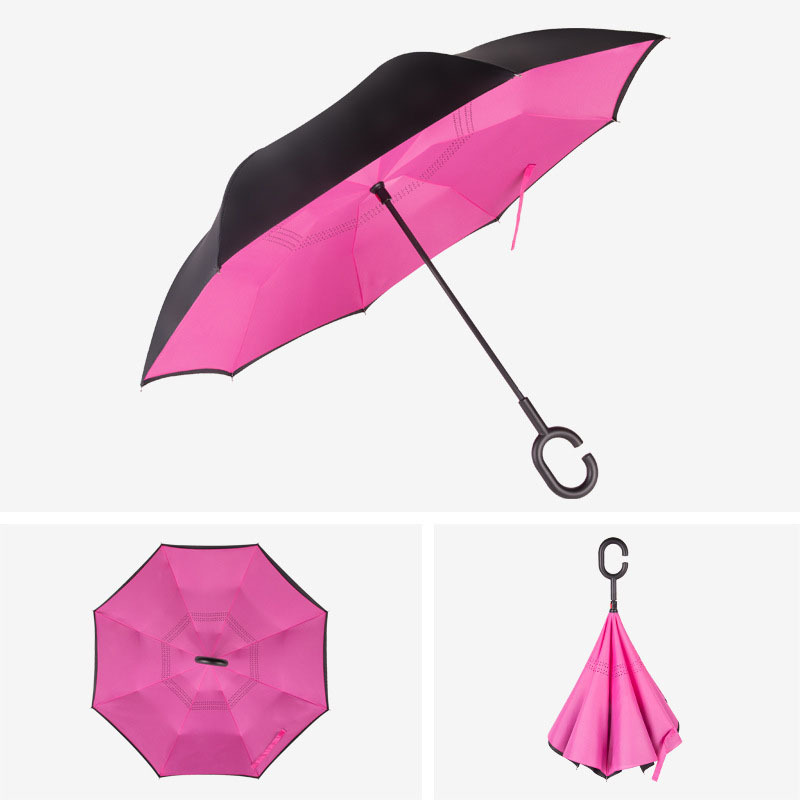 23 Inch Custom Logo Printing Double Layer Inverted Reverse Straight Umbrella With C Shape Handle Windproof