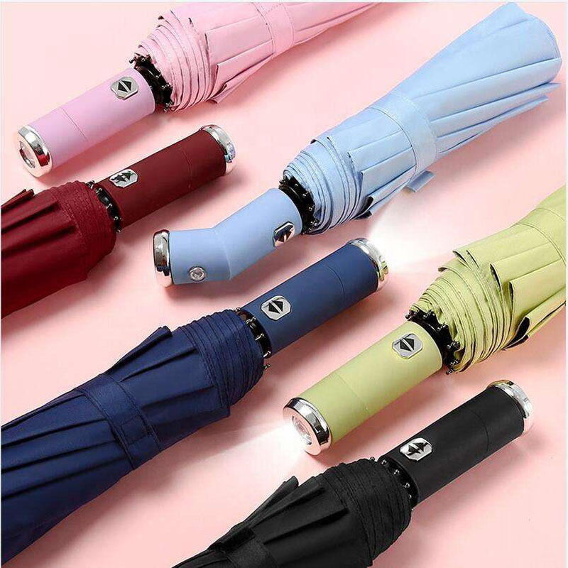 Specially Designed Three-Fold Outdoor  Umbrella Parasol With Turn Flashlight Handle Automatic Uv Protection Against Strong Wind