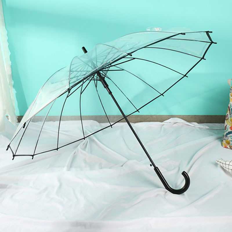 Creative 16 Ribs Automatic Poe Transparent Umbrella Sales Long Handle  Shaft Straight Umbrella With Custom Logo