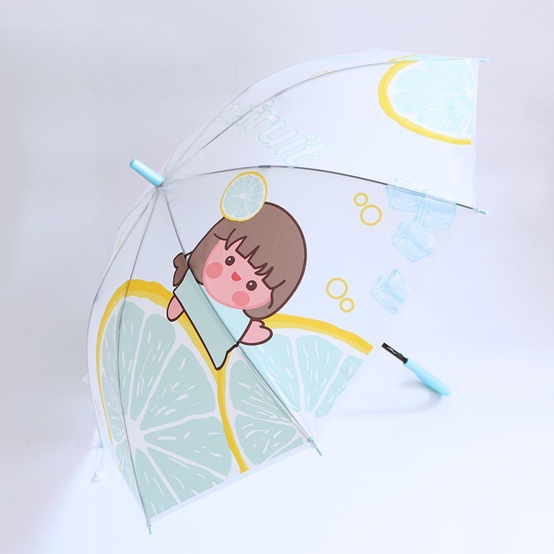 2023 21 Inch J Handle Waterproof Automatic Transparent Cartoon Fruit EVA Matte Fabric Umbrella For Children