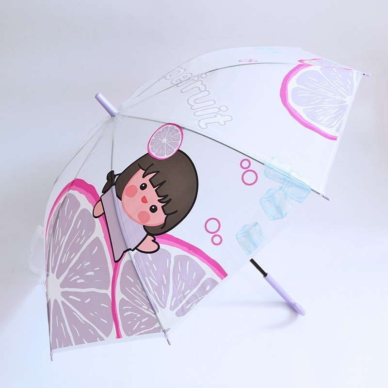 2023 21 Inch J Handle Waterproof Automatic Transparent Cartoon Fruit EVA Matte Fabric Umbrella For Children