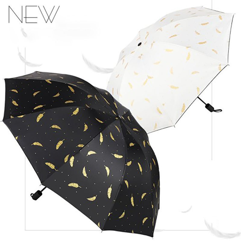 Creative Black White Feather Umbrella Black Coating Sunscreen Anti-UV Sunny and Rainy Dual-use Umbrella Three-folding Umbrella