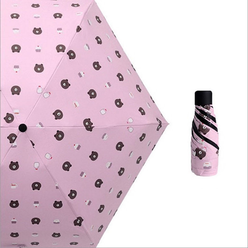 Anti UV Sun-protection Windproof Manual Open Close Bear Prints Sun Rain 5 Fold Umbrella For Lady