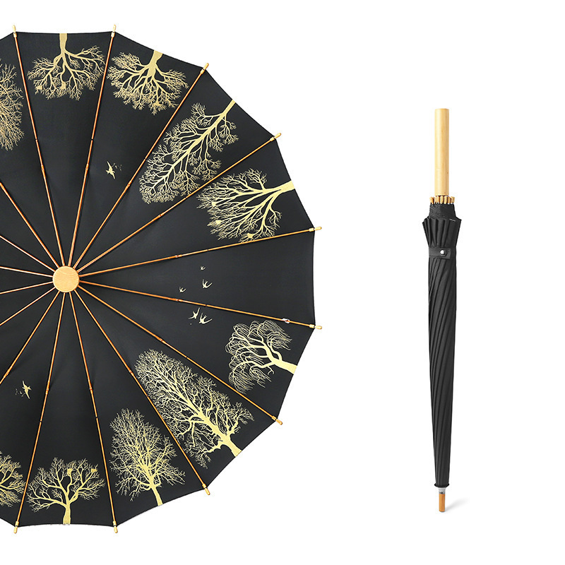 Fashion Style Long Straight Wood Handle Fine Day And Rainy Day Straight Umbrella 16k Retro Couple Outdoor Umbrella