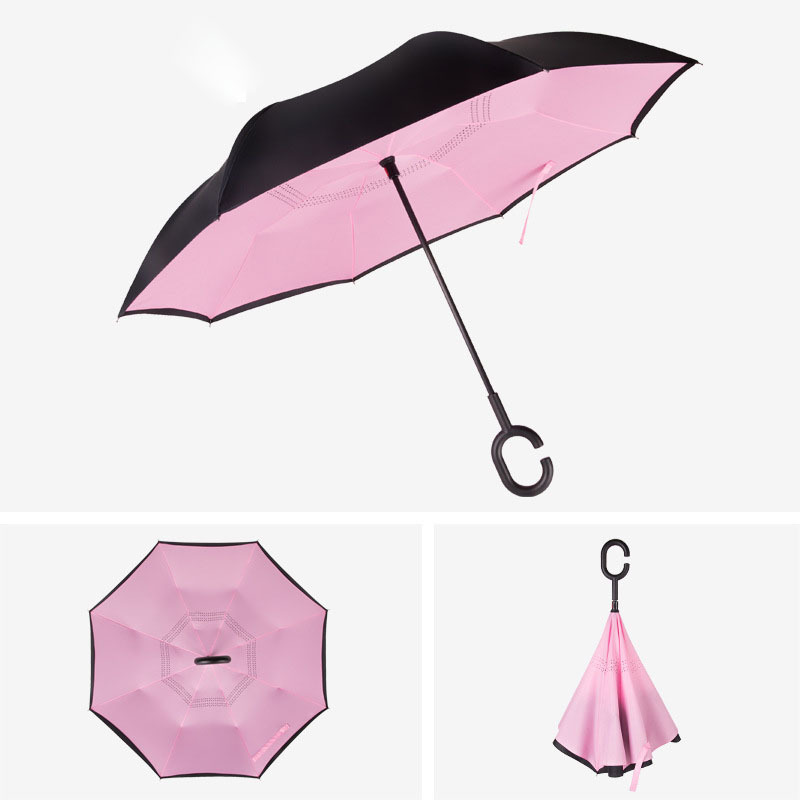 Manual Open Red Double Layer Windproof Rainproof Umbrella Portable Ladies C Handle Inverted Reverse Umbrella