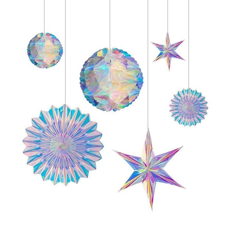 Holographic Flower Edge Snowflake Hanging Decoration Shiny Iridescent White Foil Ceiling Decorative Ornament for  Party